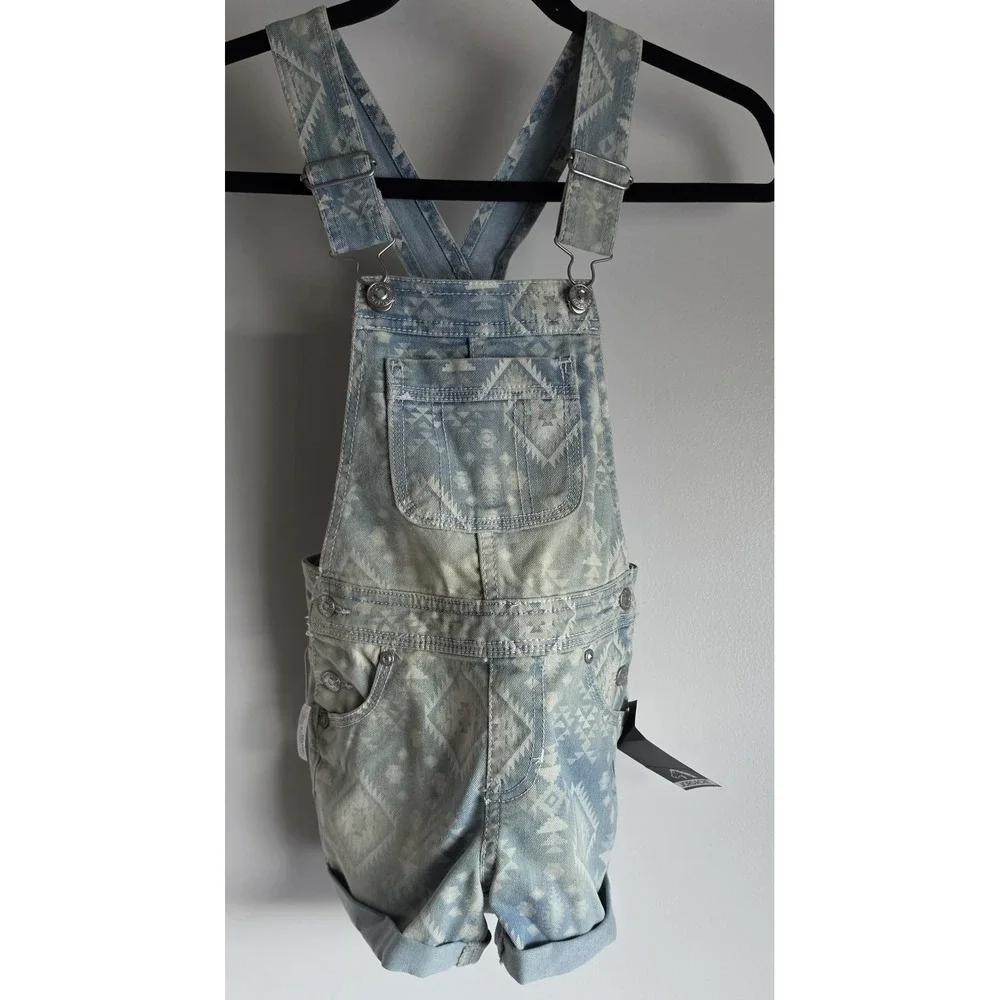 NWT Jordache Girls Overalls Size S 6 6X Blue Geometric Sleeveless Bib Overall